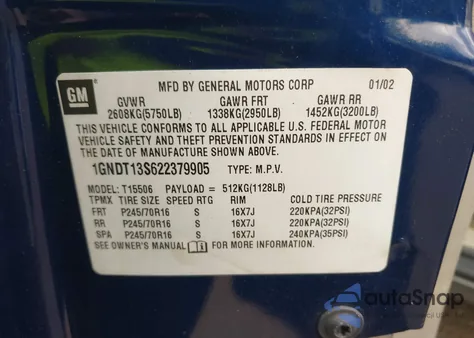 2002 Chevrolet Trailblazer Ls z USA, uszkodzony, nr VIN 1GNDT13S622379905